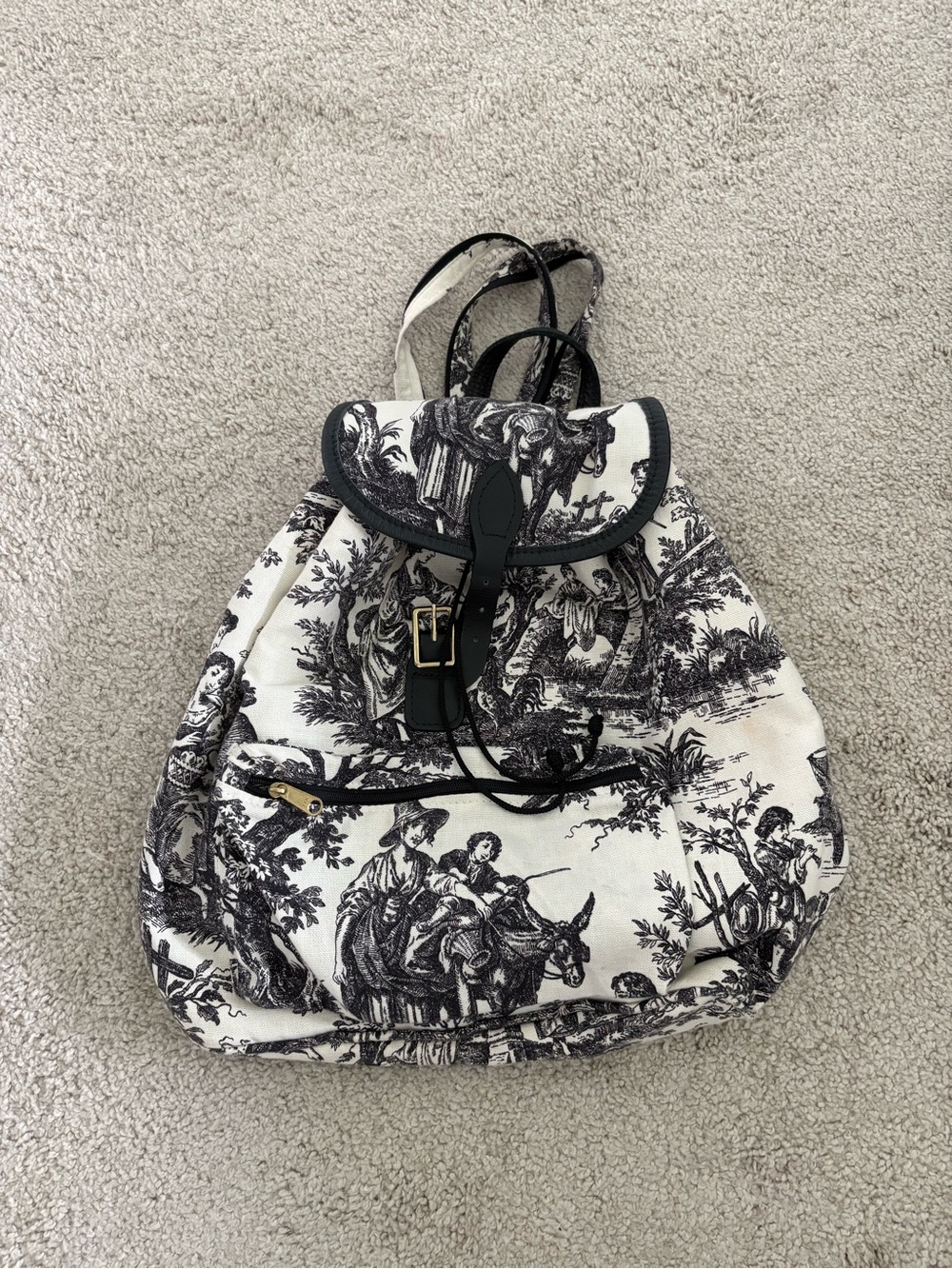 Toile Print Black White Backpack French Country Cottagecore Travel School Bag